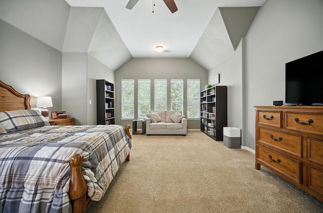 1208 Pine Forest Cir, Round Rock, TX 78665 - bedroom with light carpet, ceiling fan, and lofted ceiling