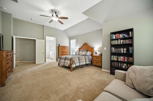 1208 Pine Forest Cir, Round Rock, TX 78665 - bedroom with light carpet, vaulted ceiling, ensuite bath, and ceiling fan