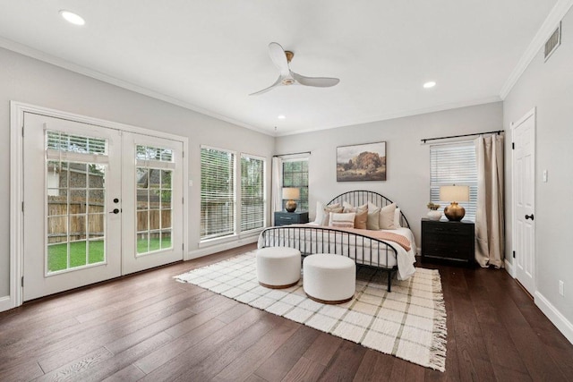 7204 Guava Cv, Austin, TX 78750 - bedroom featuring access to outside, french doors, dark wood-style flooring, ornamental molding, and recessed lighting