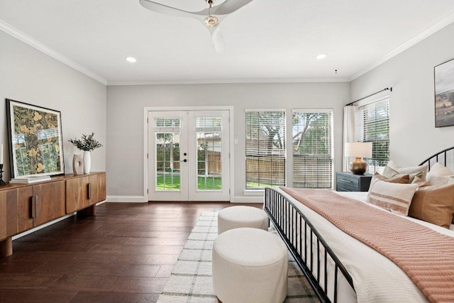 7204 Guava Cv, Austin, TX 78750 - bedroom with access to outside, dark wood-type flooring, french doors, recessed lighting, and crown molding