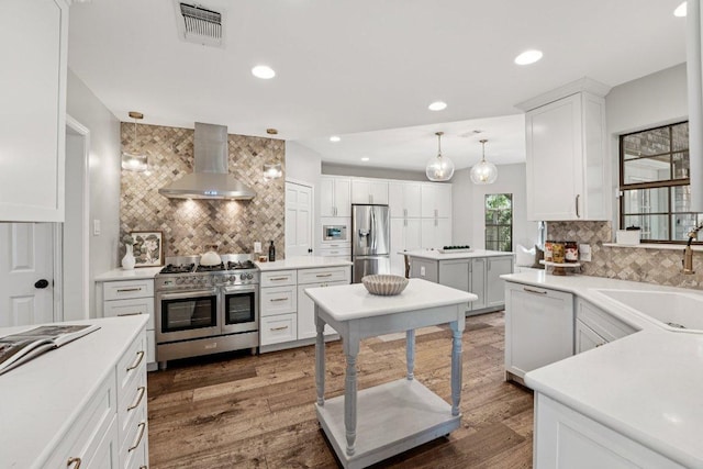 7204 Guava Cv, Austin, TX 78750 - kitchen featuring appliances with stainless steel finishes, wall chimney exhaust hood, decorative backsplash, white cabinets, and recessed lighting