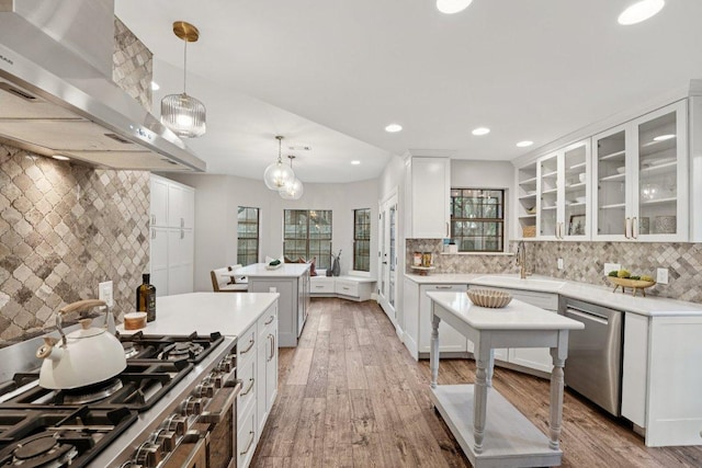 7204 Guava Cv, Austin, TX 78750 - kitchen featuring wall chimney range hood, stainless steel appliances, tasteful backsplash, white cabinetry, and recessed lighting