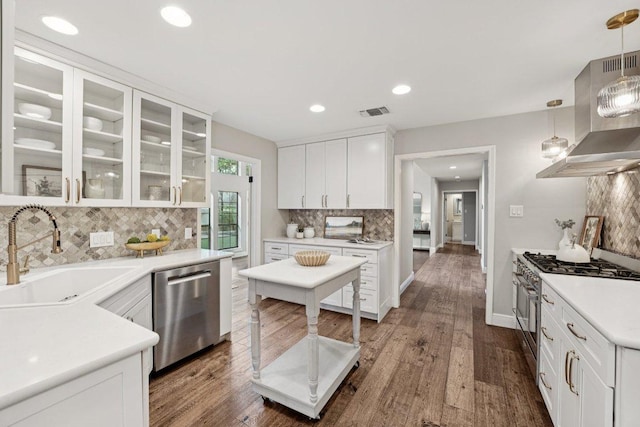 7204 Guava Cv, Austin, TX 78750 - kitchen with stainless steel appliances, ventilation hood, decorative backsplash, white cabinets, and recessed lighting