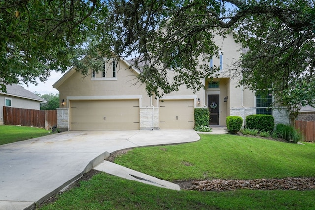 30872 Schlather Ln, Bulverde, TX 78163 - view of front of home with concrete driveway, a garage, stucco siding, and stone siding