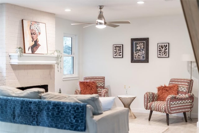 10133 Oliver Dr, Austin, TX 78737 - living area featuring ceiling fan, a brick fireplace, and recessed lighting
