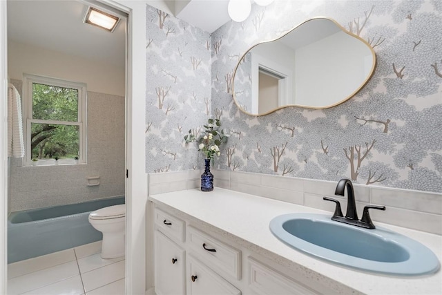 10133 Oliver Dr, Austin, TX 78737 - bathroom with vanity, tile patterned flooring, wallpapered walls, and a bath