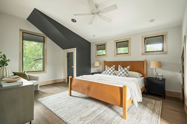 913 Christopher St, Austin, TX 78704 - bedroom with vaulted ceiling, wood finished floors, and a ceiling fan