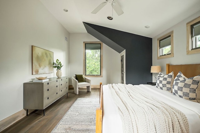 913 Christopher St, Austin, TX 78704 - bedroom with multiple windows, dark wood-style flooring, ceiling fan, and recessed lighting
