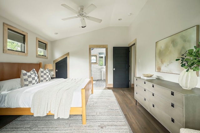 913 Christopher St, Austin, TX 78704 - bedroom with multiple windows, dark wood-style flooring, lofted ceiling, connected bathroom, and ceiling fan