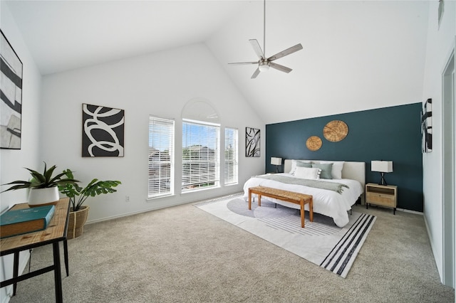 12007 Sky W Dr, Austin, TX 78758 - bedroom with carpet floors, high vaulted ceiling, and a ceiling fan