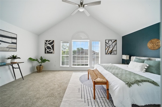 12007 Sky W Dr, Austin, TX 78758 - carpeted bedroom with a ceiling fan and high vaulted ceiling