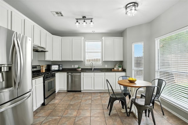 12007 Sky W Dr, Austin, TX 78758 - kitchen featuring stainless steel appliances, under cabinet range hood, dark countertops, and white cabinetry