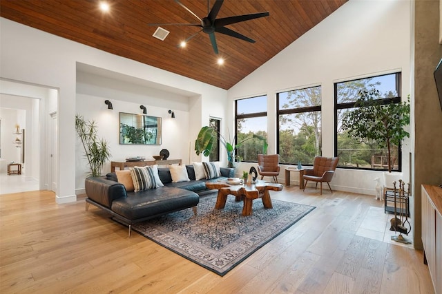 11420 Rim Rock Trl, Austin, TX 78737 - living area with wood ceiling, high vaulted ceiling, light wood-style floors, a ceiling fan, and recessed lighting