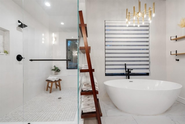 11420 Rim Rock Trl, Austin, TX 78737 - bathroom featuring a freestanding bath, a stall shower, a chandelier, and recessed lighting