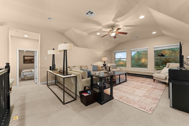 12417 Mediterra Pl, Austin, TX 78732 - living area with vaulted ceiling, light carpet, recessed lighting, and ceiling fan