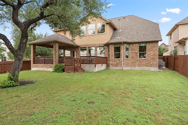 12417 Mediterra Pl, Austin, TX 78732 - rear view of house featuring brick siding, a fenced backyard, a gazebo, and a shingled roof