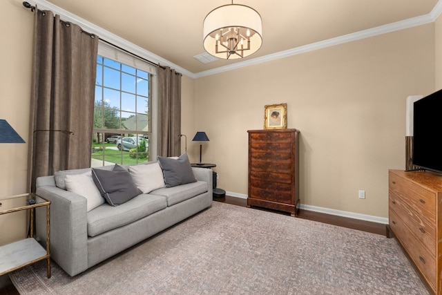 12417 Mediterra Pl, Austin, TX 78732 - living area featuring a chandelier, ornamental molding, and wood finished floors