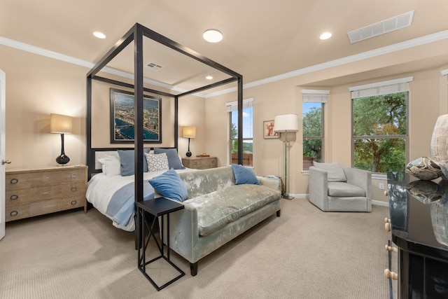12417 Mediterra Pl, Austin, TX 78732 - bedroom featuring carpet flooring, ornamental molding, and recessed lighting