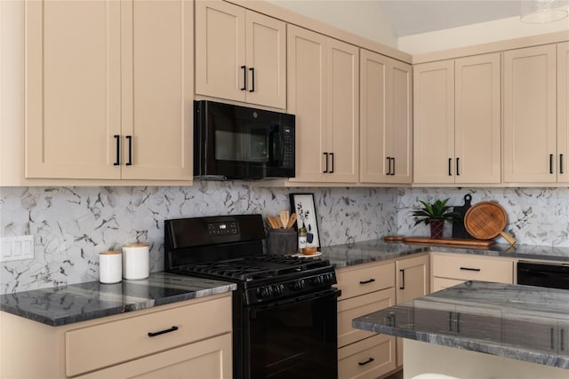 417 S Blanco St, Lockhart, TX 78644 - kitchen featuring black appliances, dark stone countertops, decorative backsplash, and vaulted ceiling