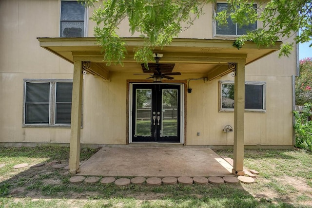742 Annika Way, Bastrop, TX 78602 - property entrance featuring french doors, a ceiling fan, and a patio area