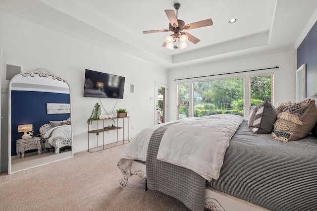 9 Heatherbloom Ln, The Hills, TX 78738 - carpeted bedroom featuring a raised ceiling, access to outside, a ceiling fan, and recessed lighting