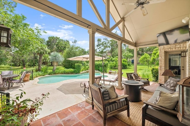 9 Heatherbloom Ln, The Hills, TX 78738 - view of patio / terrace with ceiling fan, an outdoor pool, and view of wooded area