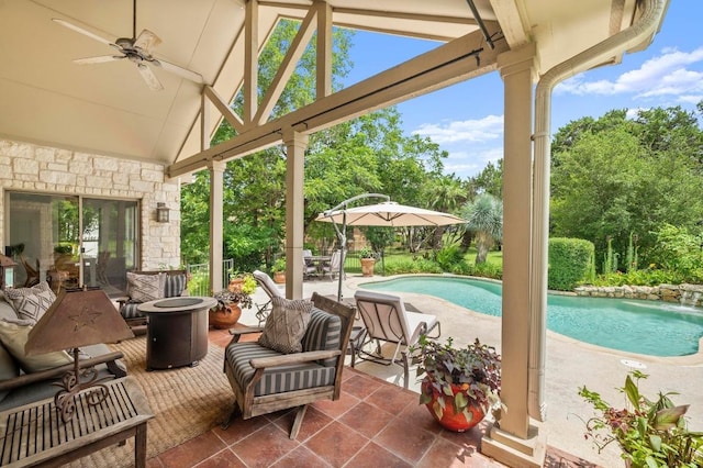 9 Heatherbloom Ln, The Hills, TX 78738 - view of patio with an outdoor pool, a ceiling fan, and an outdoor fire pit
