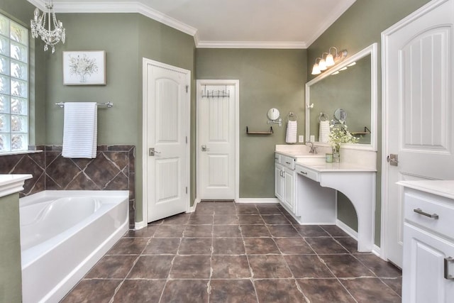 1108 Ritter Dr, Cedar Park, TX 78613 - full bath featuring vanity, a bath, tile patterned flooring, ornamental molding, and a chandelier