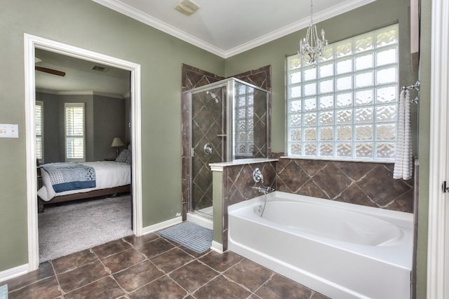 1108 Ritter Dr, Cedar Park, TX 78613 - ensuite bathroom with a garden tub, a stall shower, a chandelier, tile patterned floors, and ornamental molding