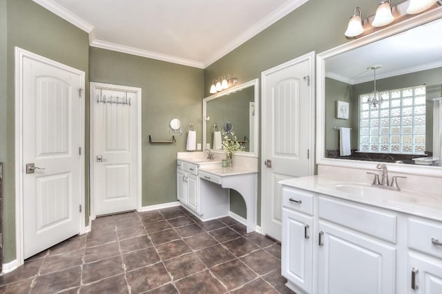 1108 Ritter Dr, Cedar Park, TX 78613 - bathroom featuring two vanities, ornamental molding, and tile patterned floors