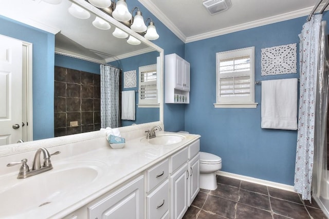 1108 Ritter Dr, Cedar Park, TX 78613 - full bathroom with double vanity, curtained shower, tile patterned flooring, and crown molding