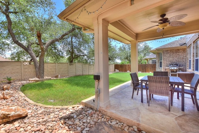 1108 Ritter Dr, Cedar Park, TX 78613 - fenced backyard featuring ceiling fan, outdoor dining space, and a patio