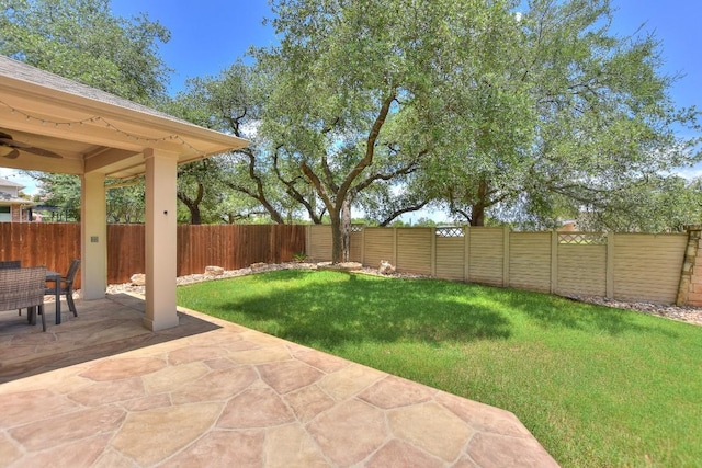 1108 Ritter Dr, Cedar Park, TX 78613 - fenced backyard featuring a patio area and a ceiling fan