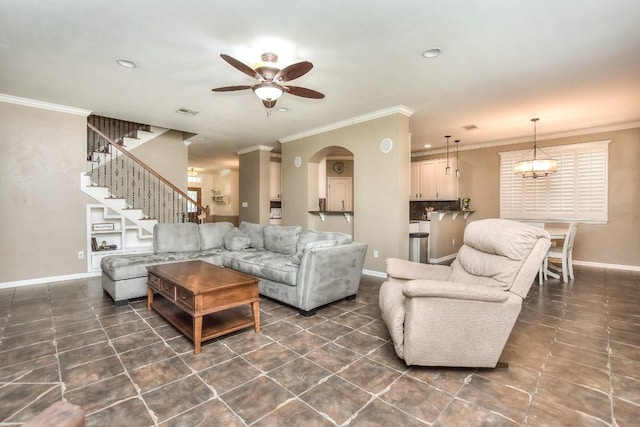 1108 Ritter Dr, Cedar Park, TX 78613 - living area with a ceiling fan, crown molding, stairs, dark tile patterned floors, and recessed lighting