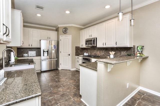1108 Ritter Dr, Cedar Park, TX 78613 - kitchen with stainless steel appliances, a peninsula, white cabinets, stone countertops, and tasteful backsplash