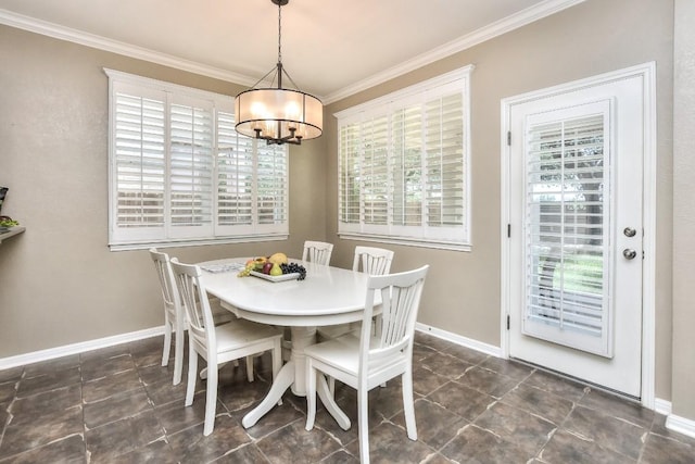 1108 Ritter Dr, Cedar Park, TX 78613 - dining area with a chandelier, plenty of natural light, ornamental molding, and dark tile patterned flooring