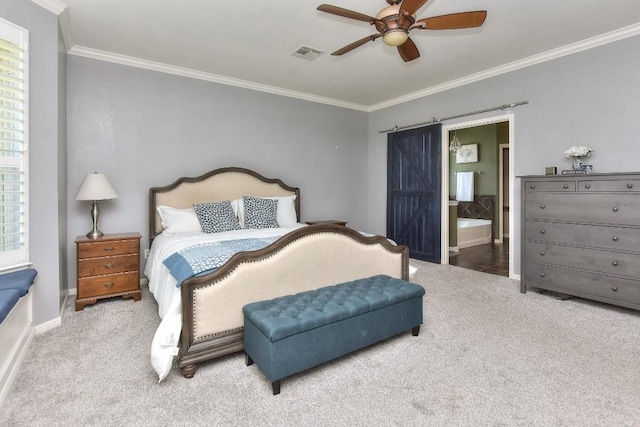 1108 Ritter Dr, Cedar Park, TX 78613 - bedroom with ornamental molding, carpet floors, a ceiling fan, multiple windows, and ensuite bath