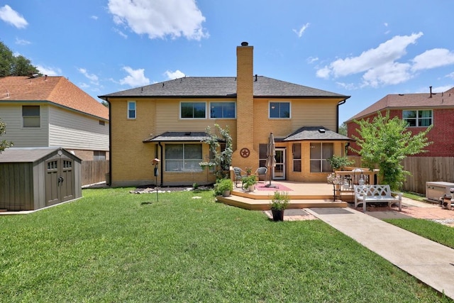 7900 Monona Ave, Austin, TX 78717 - rear view of house featuring a deck, a storage shed, and a chimney