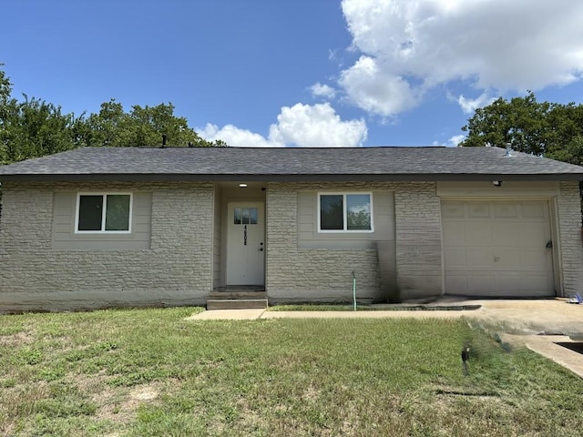 4608 E Village Ct, Austin, TX 78744 - ranch-style home with an attached garage, a front lawn, a shingled roof, and stone siding