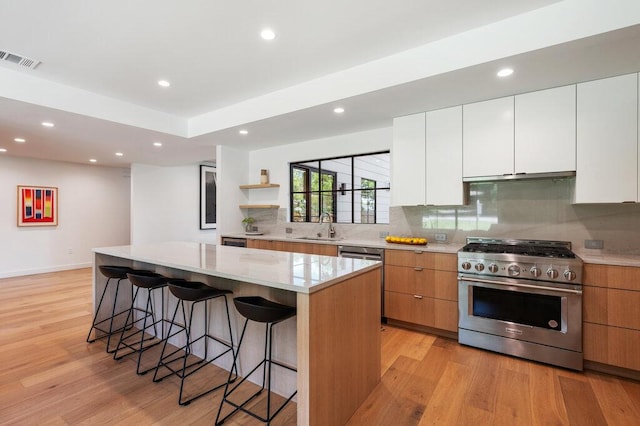 2517 Great Oaks Pkwy, Austin, TX 78756 - kitchen with stainless steel appliances, a kitchen island, light wood-style flooring, backsplash, and recessed lighting