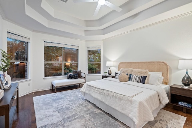 3803 Katie Ln, Cedar Park, TX 78613 - bedroom featuring wood finished floors, a tray ceiling, and ceiling fan