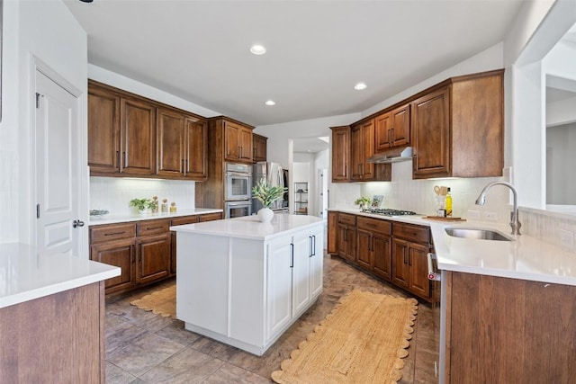 3803 Katie Ln, Cedar Park, TX 78613 - kitchen with under cabinet range hood, appliances with stainless steel finishes, tasteful backsplash, light countertops, and recessed lighting
