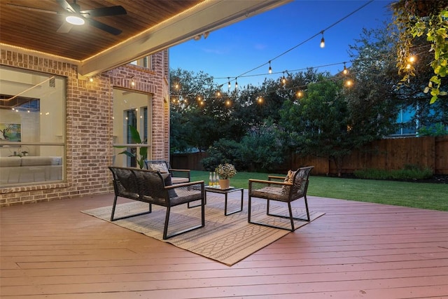 3803 Katie Ln, Cedar Park, TX 78613 - deck featuring a fenced backyard, ceiling fan, and outdoor lounge area