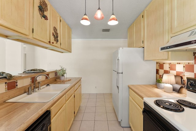2014 Stagecoach Trl, Temple, TX 76502 - kitchen featuring range with electric stovetop, under cabinet range hood, light brown cabinets, light countertops, and decorative light fixtures