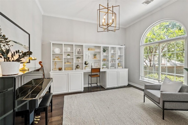11235 Tracton Ln, Austin, TX 78739 - office space with dark wood-style floors, a chandelier, and ornamental molding