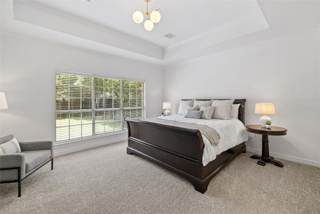 11235 Tracton Ln, Austin, TX 78739 - bedroom with a tray ceiling, carpet flooring, ornamental molding, and a chandelier