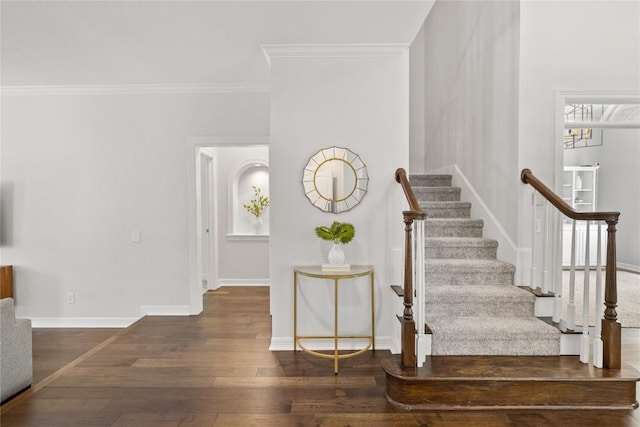11235 Tracton Ln, Austin, TX 78739 - staircase featuring wood finished floors and ornamental molding