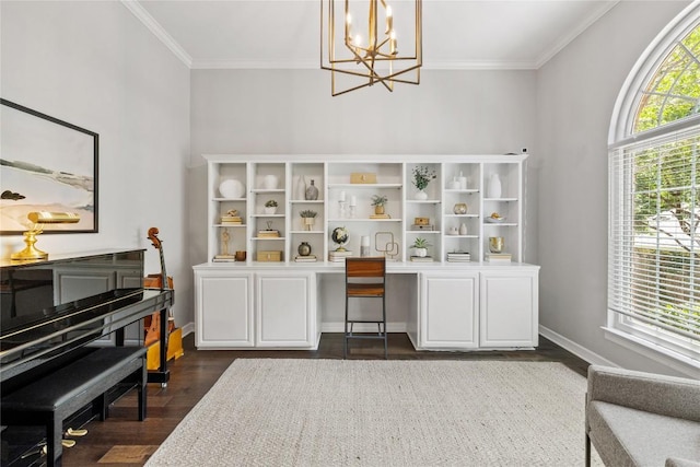 11235 Tracton Ln, Austin, TX 78739 - office area with a chandelier, dark wood-style floors, and crown molding