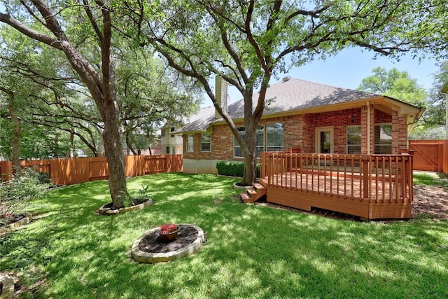 403 Warm Breeze Cv, Austin, TX 78717 - back of property with brick siding, a fenced backyard, a deck, and a chimney