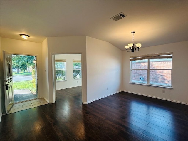600 Mccarthur Dr, Leander, TX 78641 - unfurnished room featuring a chandelier, dark wood finished floors, and lofted ceiling